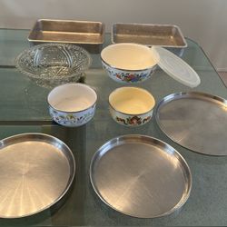 Lot Kobe Kitchen Japan Floral Enameled Mixing Bowl Stainless Steel Trays Crystal Glass Bowls Baking Pans