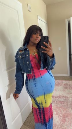 Colorful Tie-Dye Bodycon Maxi Dress With Denim Jacket