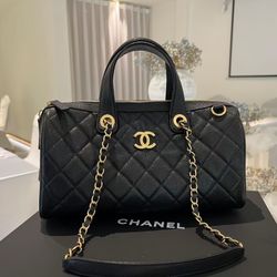 Chanel 25A lychee black gold buckle bowling bag