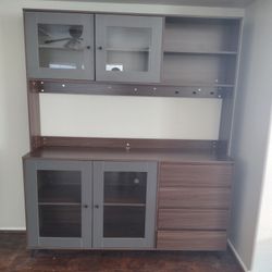 AIEGLE 63" W Large Kitchen Hutch Cabinet, Pantry Cabinets with Hutch, Freestanding Cupboard with 4 Doors, 4 Drawers & Microwave Shelf, Kitchen Storage