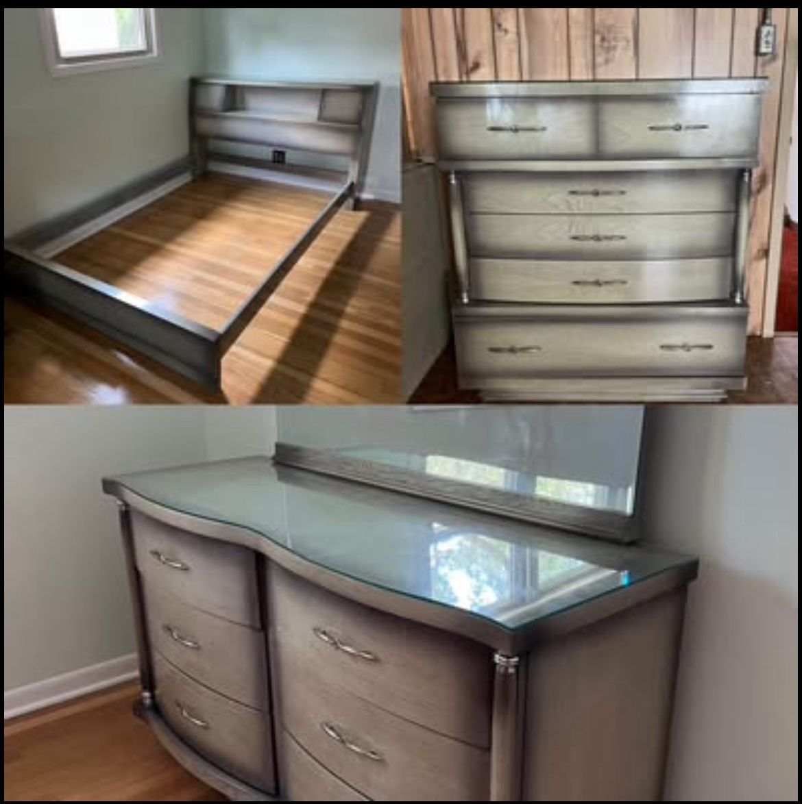 United Furniture MCM bedroom set Full Size two dressers w/ mirror green tone Vintage Mid Century 3pc