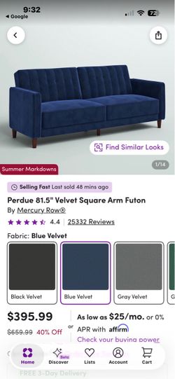 Blue Velvet Sofa Bed/Futon (Wayfair )
