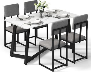 Dining Table Set for 4, 47.27" Faux Marble Kitchen Table with 4 Upholstered Dining Chairs, Modern Dining Room Set for Apartment & Dining Room (Silver 