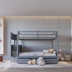 BB53 FULL/FULL Bunk Bed w/Twin Trundle + Staircase Storage