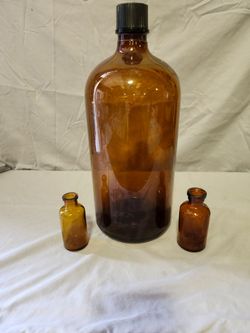 Lot of 3 Amber Glass Medicine Bottles w/ Black Screw Cap, 2 Embossed