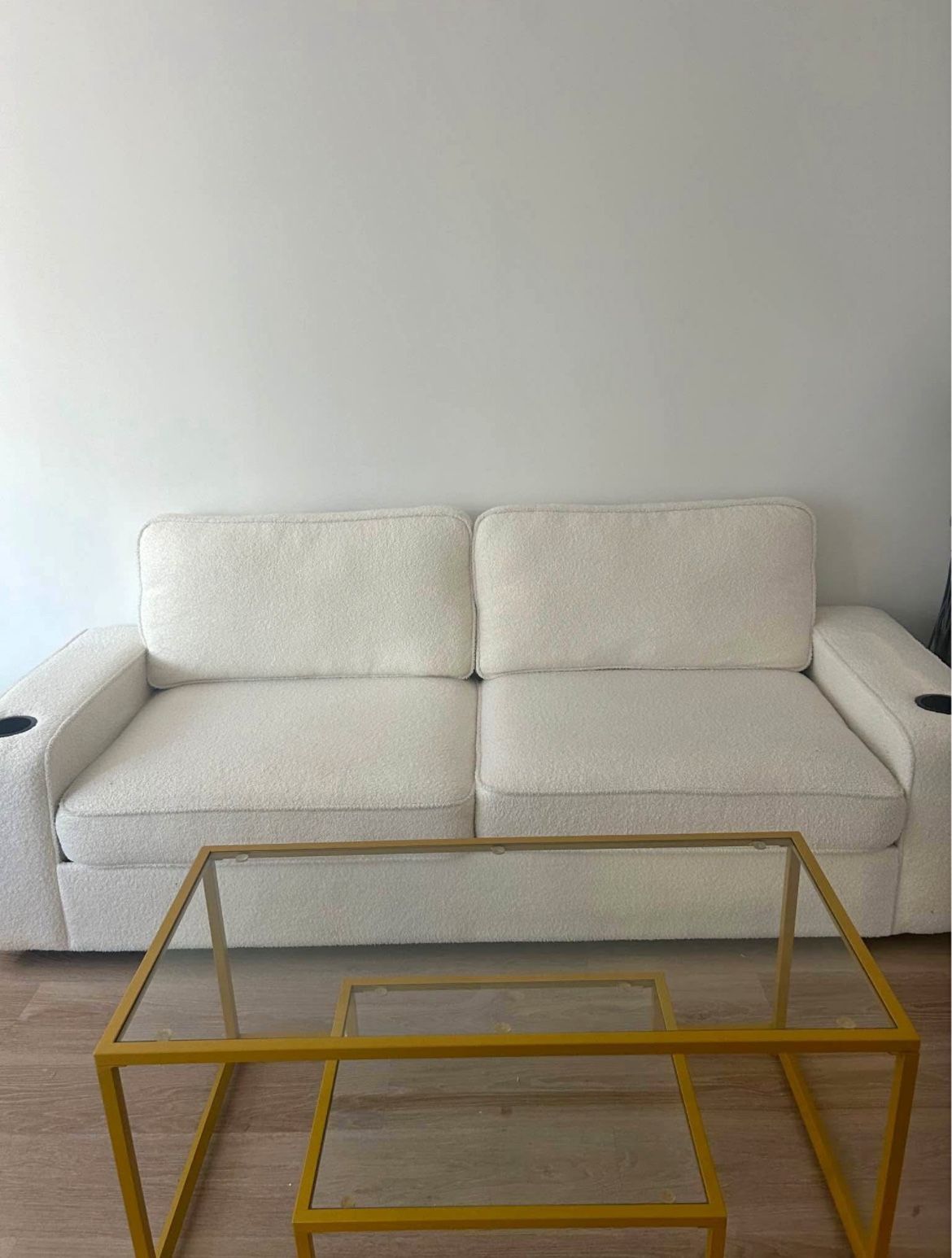White 2 seater Boucle Couch + Gold/Glass Coffee table