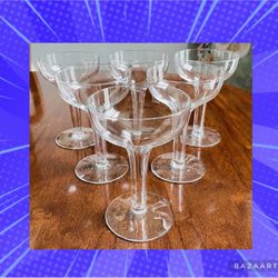 6 Vintage Hollow Stem Champagne Coupe Glasses 4.75” MCM Barware