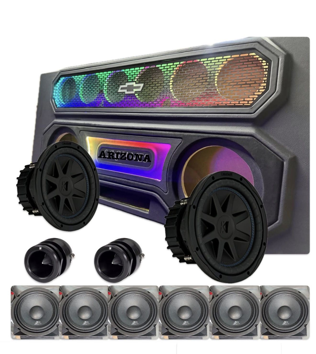 NEW CUSTOM BOX RGB LIGHTS WITH SUBWOOFERS MIDRANGE SPEAKERS TWEETERS FOR SINGLE CAB TRUCKS