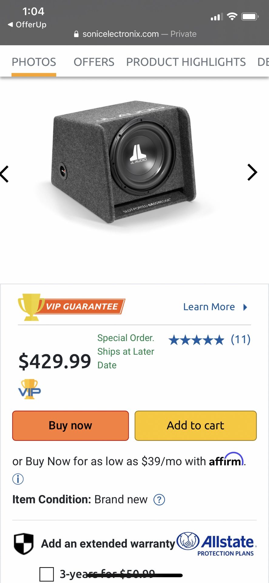 JL audio Subwoofer speaker with JL box enclosure JL speaker grill