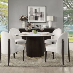 54” Round Marble Dining Table / Espresso Reeded