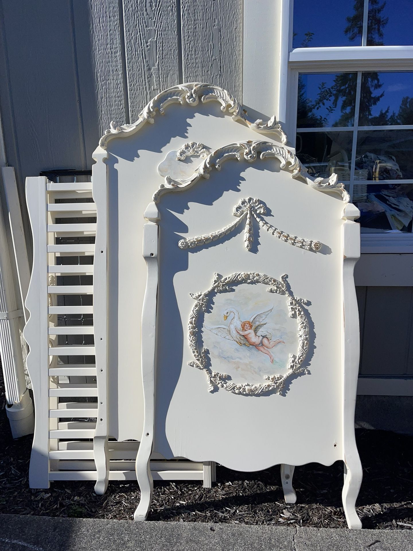Baby Infant Nursery Heirloom Ivory Cream Distressed Hand painted Mural Angel In Flight Posh Tots Crib