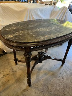 Antique Italian Marble Top Carved Walnut Table – Renaissance Revival c.1900 – Ornate Floral Carvings 