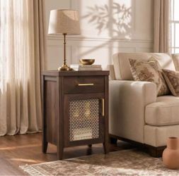 Dark Walnut Side Table with Drawer and Cabinet