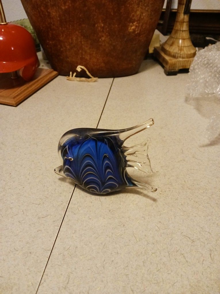 Blue Glass Fish Art Paperweight