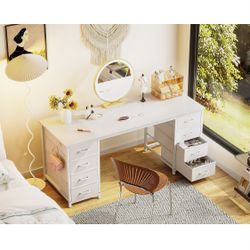 ODK 55 Inch Vanity Desk with 8 Fabric Drawers, Modern Makeup Desk for Bedroom & Dressing Room with Large Storage, Ideal for Home Office, Study.Pure Wh