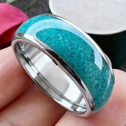 Men's Women's 8mm Titanium Turquoise Comfort-Fit Engagement Wedding Band 12