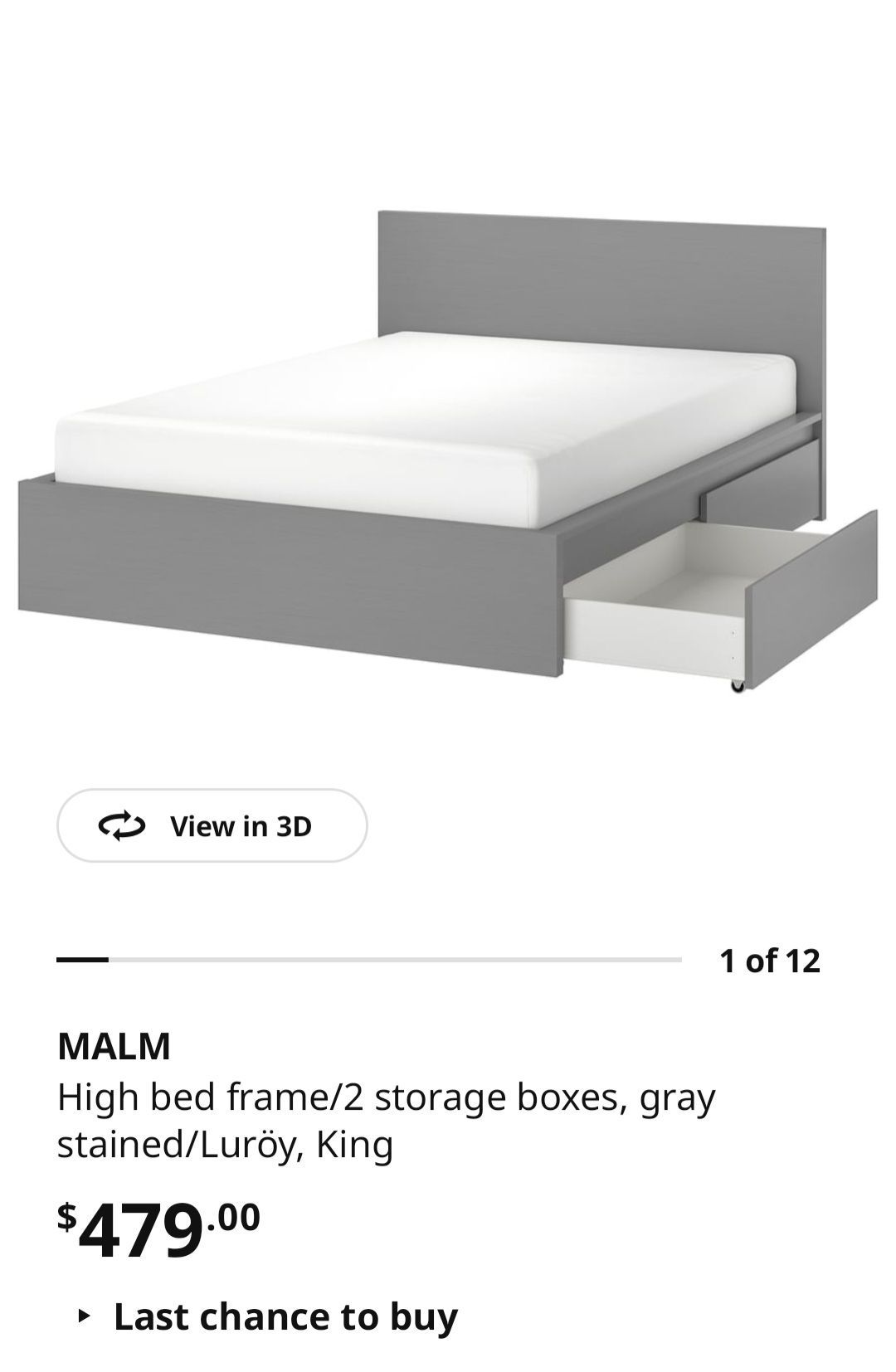 1 DAY SALE, KING SIZE BED MALM + MATTRESS IKEA LIKE NEW GREY