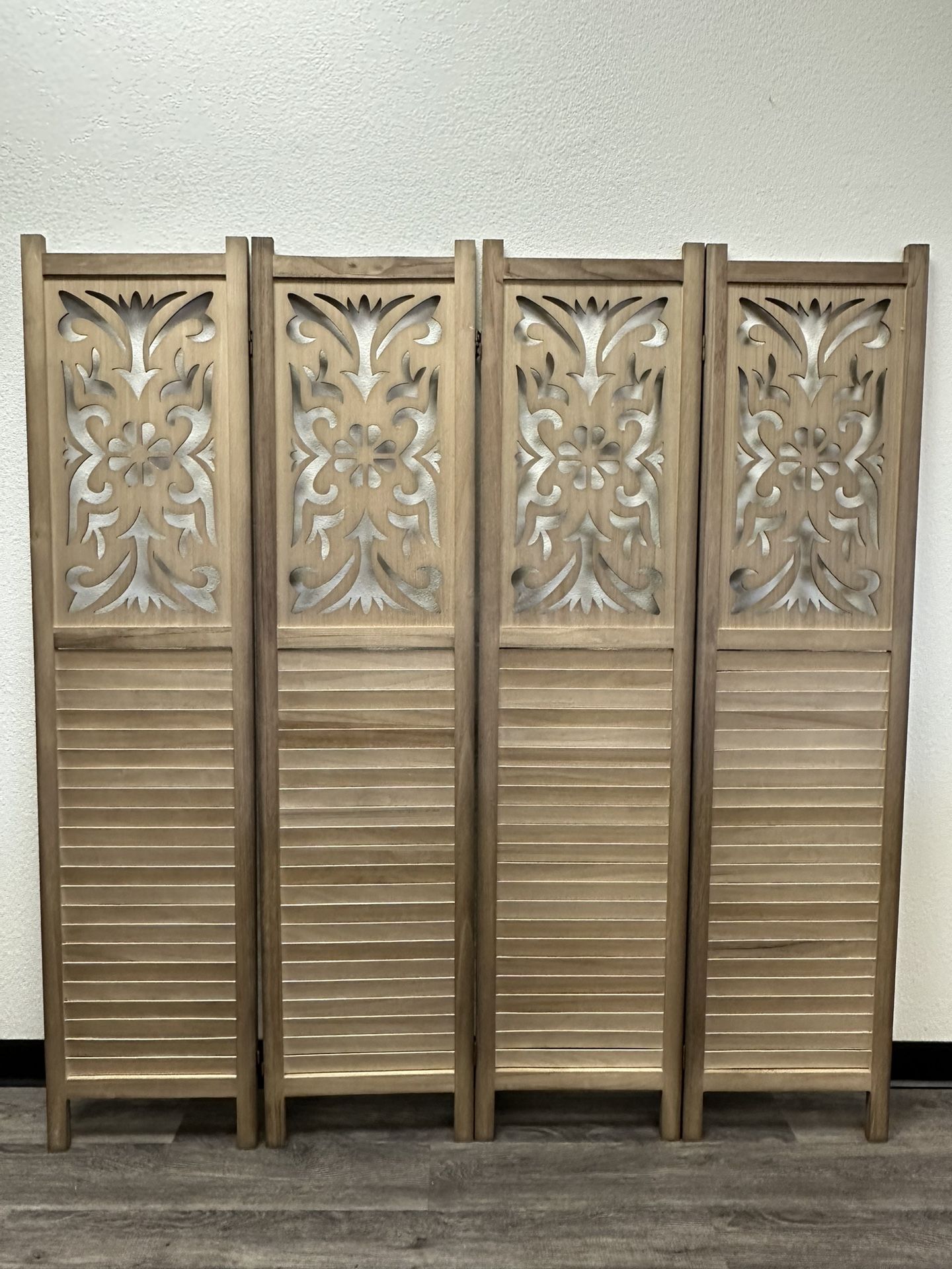 🌿 Rustic Carved Wood 4-Panel Room Divider | 67” Tall