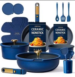 CAROTE 21-Piece Ceramic Cookware Set , Nonstick Pots and Pans Set with Detachable Handle and Lids, Induction Compatible, Blue