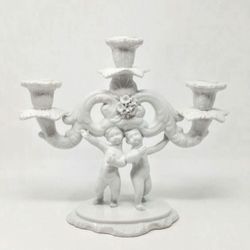 Vintage White Porcelain 3-Arm Cherub Candelabra Italian