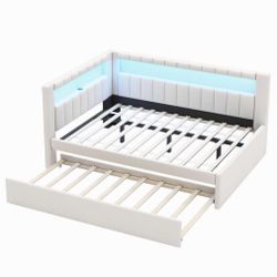 White Full Size Daybed with USB Ports and LED Belt, Trundle