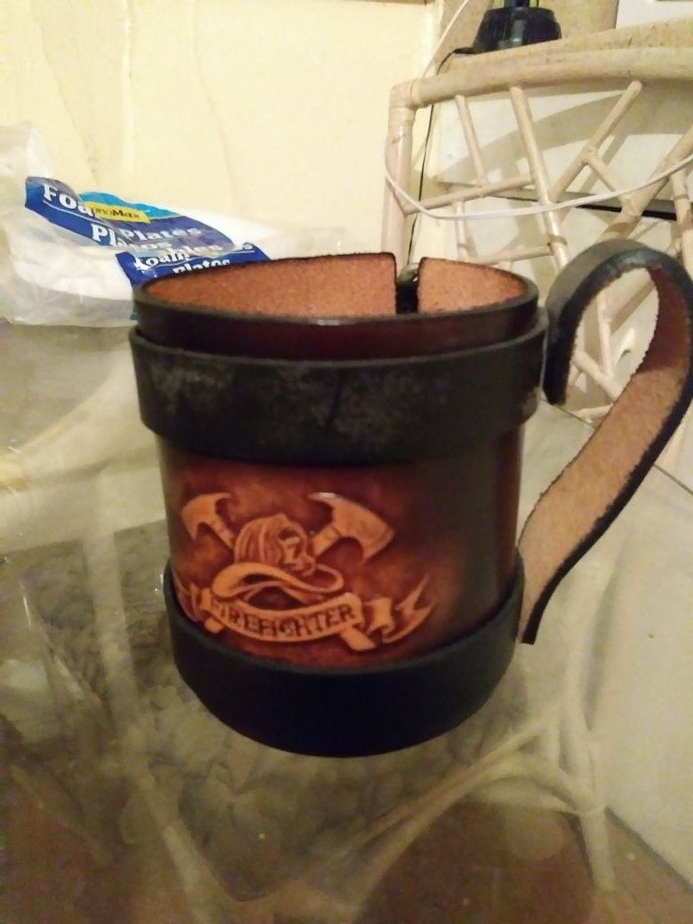 Antique firefighter leather koozie