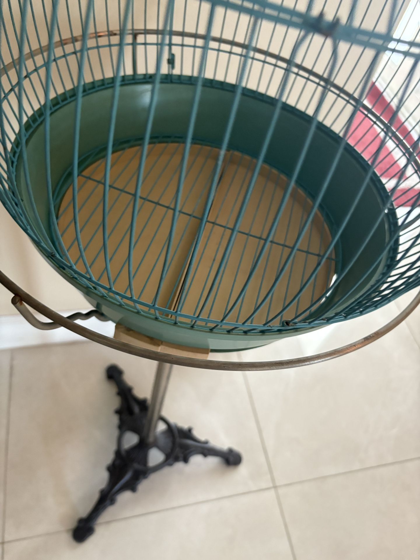 VINTAGE RARE MCM METAL BIRD CAGE GREEN WITH STAND