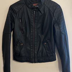 Black Faux Leather Motorcycle Bomber Jacket - Size Small