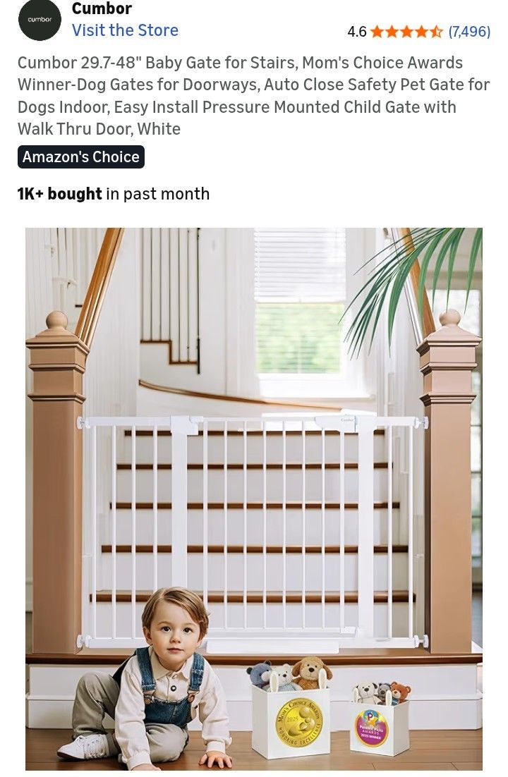 Cumbor 29.7-48" Baby Gate for Stairs, Mom's Choice Awards Winner-Dog Gates for Doorways, Auto Close Safety Pet Gate for Dogs Indoor, Easy Install Pres