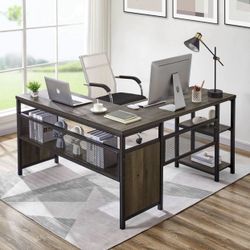 FT182184 L Shaped Computer Desk with Wood Shelves, Industrial Reversible Home Office Corner Desk with Metal Legs (Walnut Brown, 59 Inch)