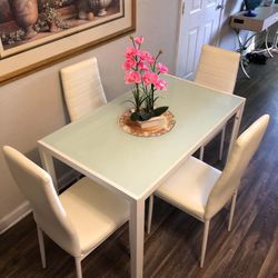 White Glass Dining Table Set With 4 Leather Chairs 