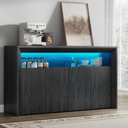 66.2'' Buffet Cabinet with LED Lights 4 Doors Fluted Sideboard Storage Cabinet Shelves,Dark Grey