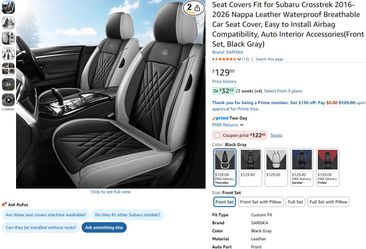 Subaru Crosstrek 2016-2026 *2 Front* Car Seat Covers PU Leather Black