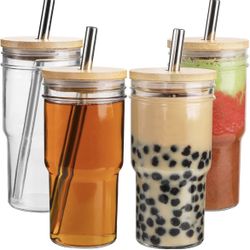 Boba Tea Cup Glass Cups with Lids and Straws