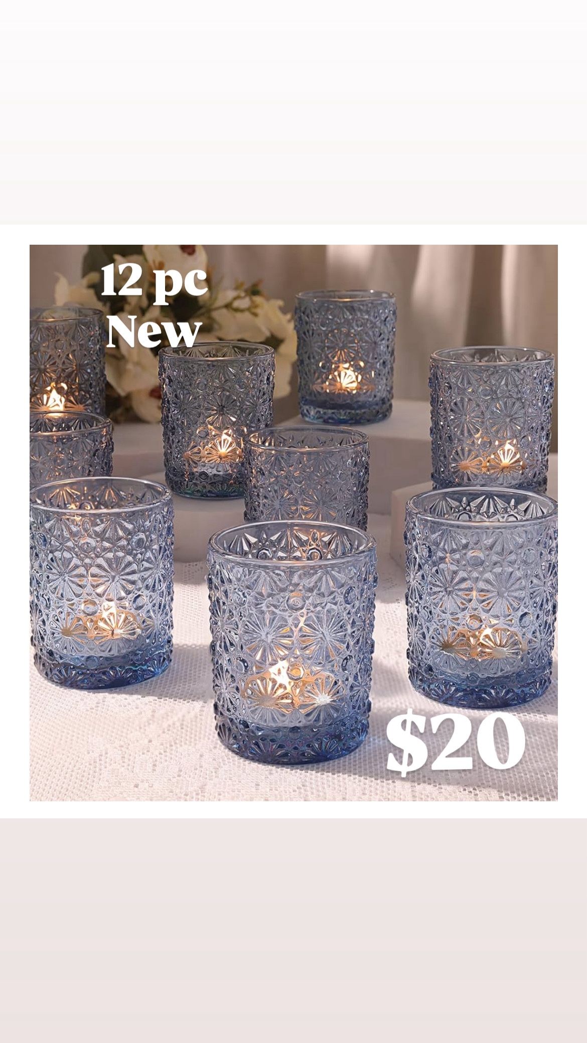 Blue Votive Candle Holder Set of 12, Flower Tea Lights Candles Holders for Wedding Table Centerpieces, Birthday Parties, Home Decor, Blue Bridal Showe