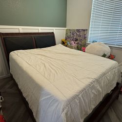 Queen cherry wood bed frame and mattress 