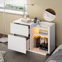 White Night Stand with Shelves, Charging Station & LED, 2 Drawer Wooden Bedside Table Record Player Stand 