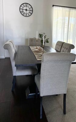 $ 650, OBO    Elegant Dining Set with Dark Wood Dining Table, 6 Upholstered Scroll-Back Chairs