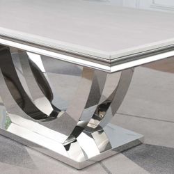 GLAM FAUX-MARBLE-TOP-CHROME-BASE-DINING-TABLE ONLY