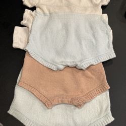 3 pcs 1950s vintage baby clothing, Kid'n Cotton knitted Boucle styled by Sternberg. No size listed but appear to be 6/9 mths size. 3 romper bodysuit s