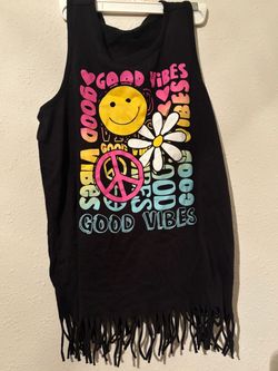 Girls Black Good Vibes Fringe Tank Top