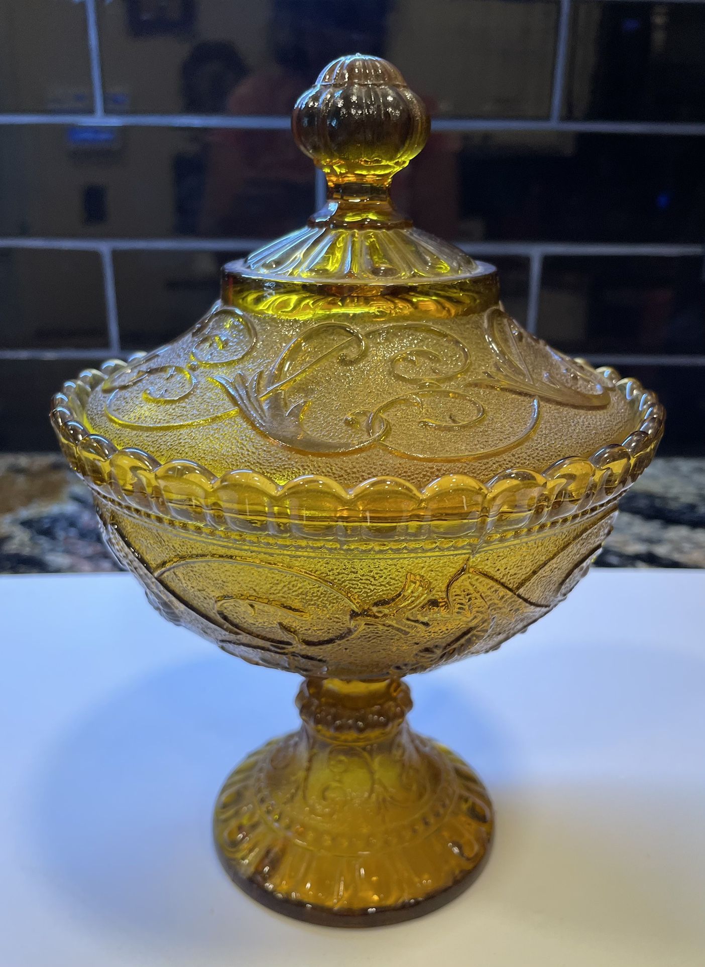 Vintage Amber Pressed Glass Lidded Candy Dish 