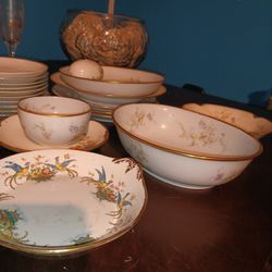 Antique Vintage China Tea Set Of Tea Cups Plates And Platter With Plate With Gold Plated Rims 