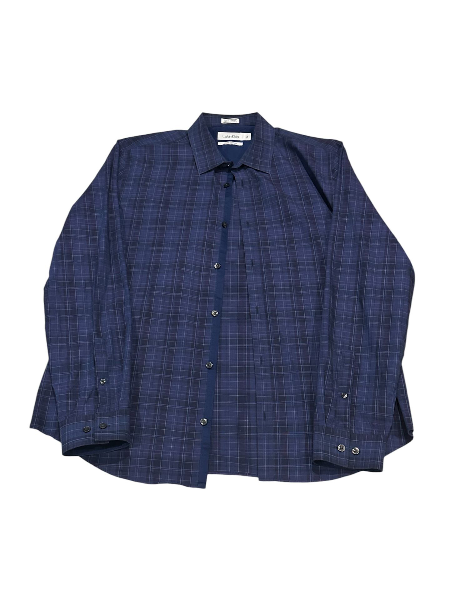Calvin Klein Men's Blue Plaid Long Sleeve Button Up Cotton Shirt Size Large