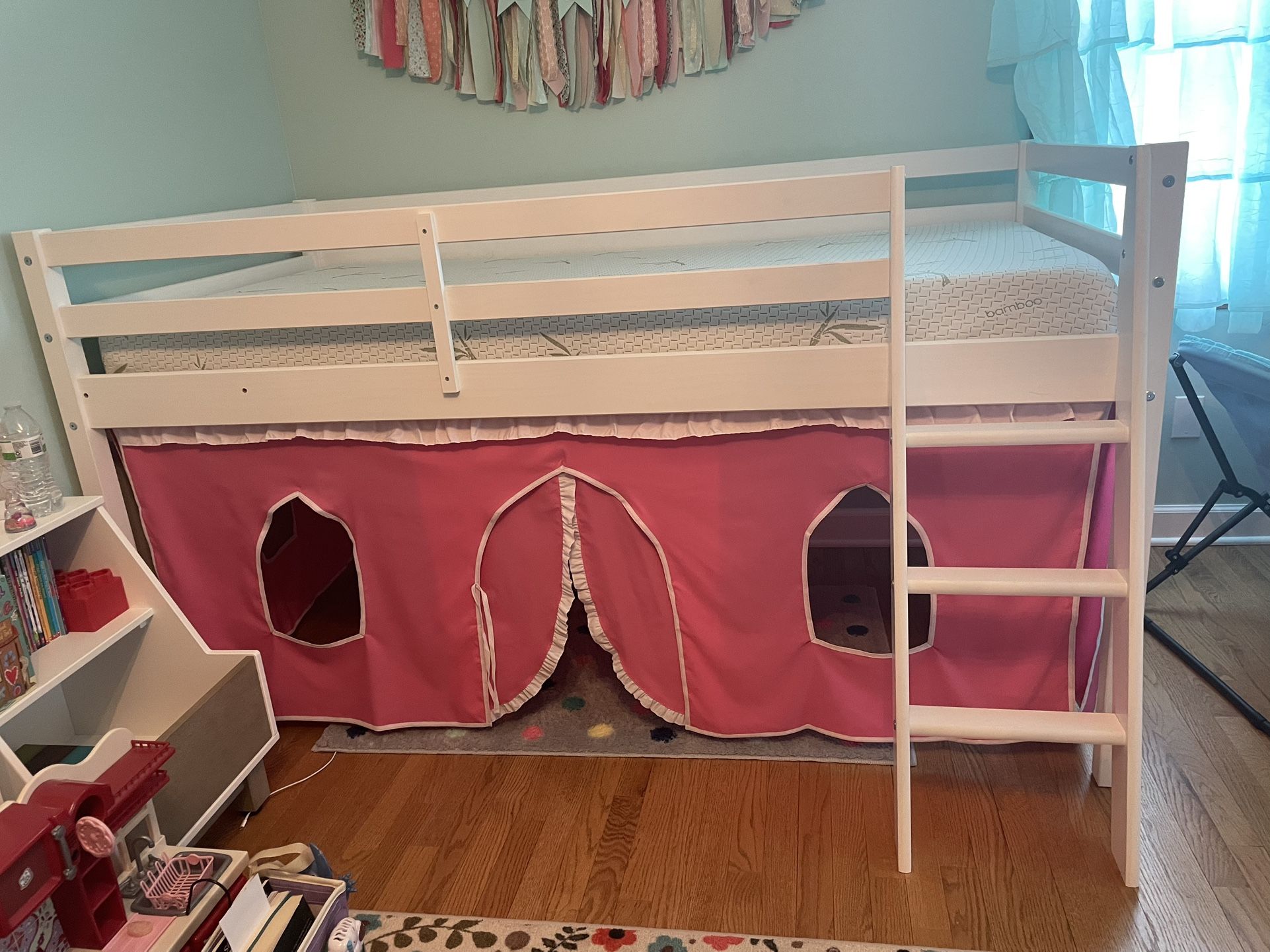 Twin Junior Loft Bed, White Finish with Pink & White Tent kids girls