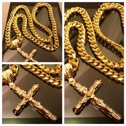 14K Gold Plated Cuban Chain With Cross Pendant