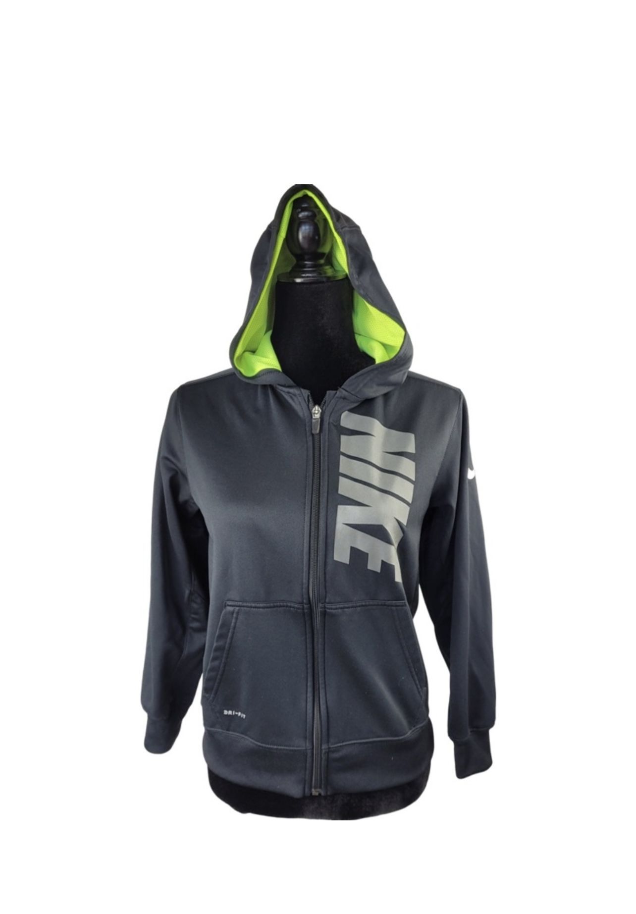 Nike Dri Fit Black Green Boy Hooded fleece lined full zip size M