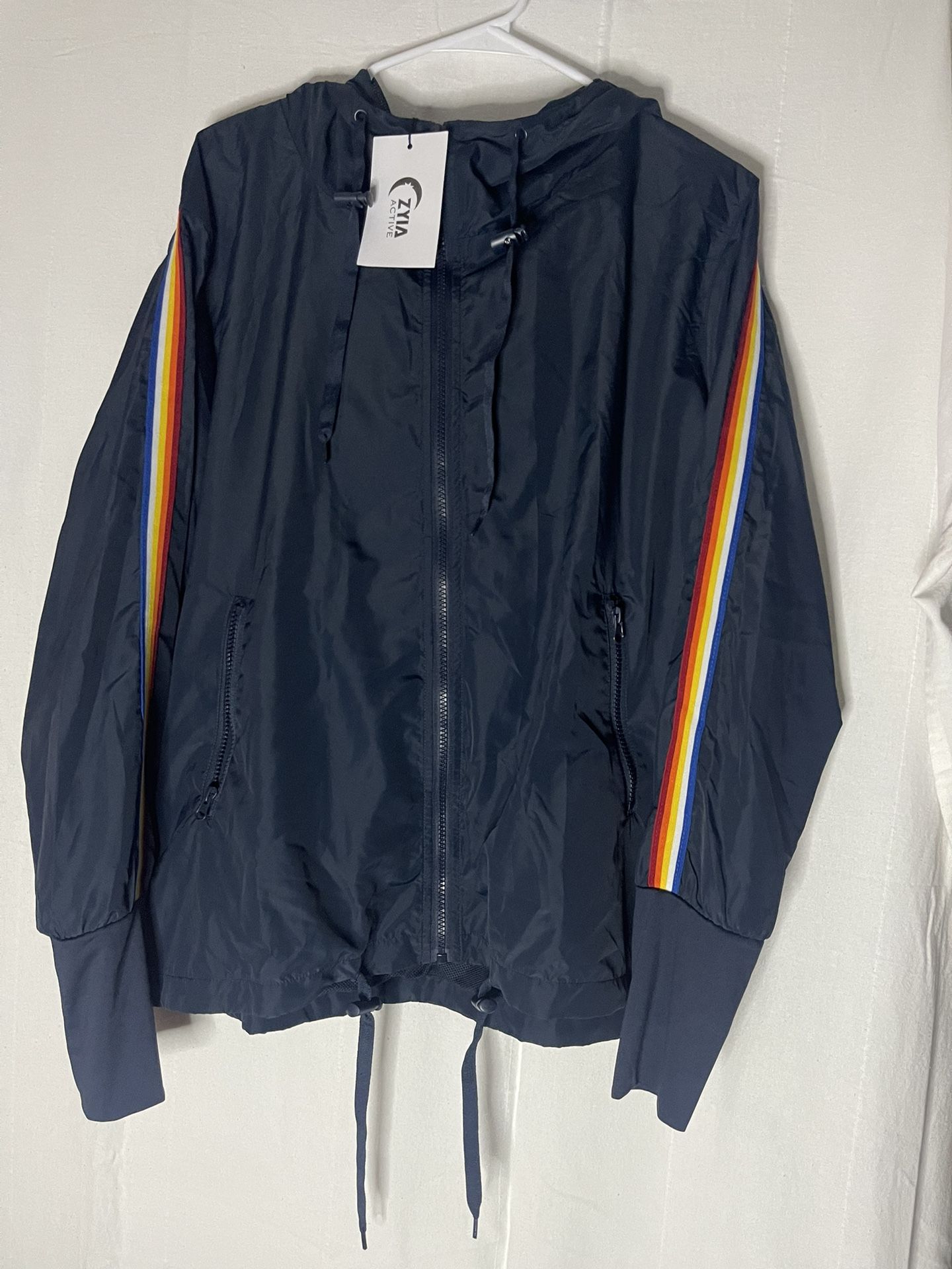 ZYIA Active Rainbow Stripe Bomber Jacket Windbreaker Navy