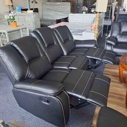 3PC BLACK Breathable Air Leather Manual Recliners Sofa Loveseat Reclining Set