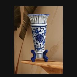 Beautiful Unique Big Footed Porcelain or Ceramic Cobalt Blue and White Vase Reticulated (cut out) Rim